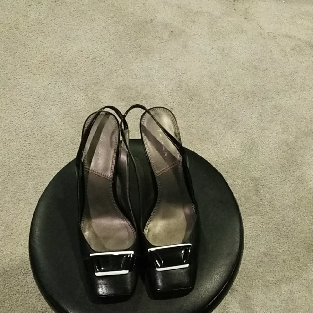 Tahari black leather slingback heels.